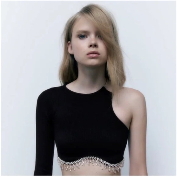 Zara one sleeved rhinestone crop top - Picture 2 of 5